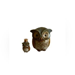 CERAMIC OWK COOKIE/SNACK JAR MUTED COLORS W/TOOTHPICK HOLDER